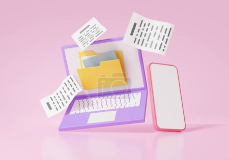 E-Mail Marketing Konzept. Computer-Laptop und Smartphone schwimmend, digitaler Dokumententransfer, Cartoon minimal, Service-Dateiinformationen, auf rosa Hintergrund. 3D-Darstellung