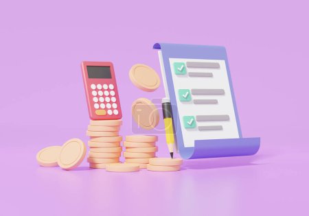 Calculator and stack coins with Checklist on clipboard paper. information business document correct mark floating on purple background. 3d render illustration