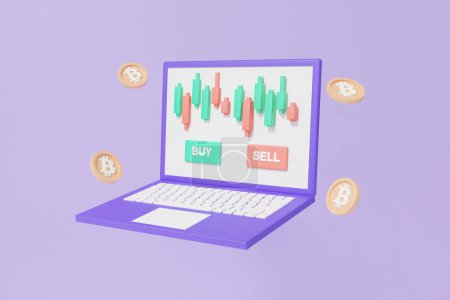 Laptop mockup Cryptocurrency trading or bitcoin buy, sell, finance business stock investment. index growth statistics trader concept. exchange, currencies forex. 3d rendering