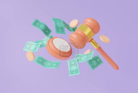 Photo for Gavel and Banknotes, coins, floating on purple background. Judge arbitrate courthouse concept. judgement Hammer. 3d render. illustration - Royalty Free Image