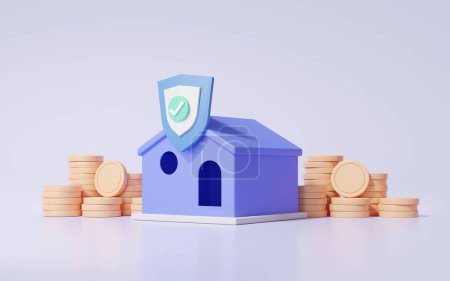 Protection shield saving money home stack coins concept. finance support real estate business investment with cartoon minimal. cost, income, earning. 3d render illustration