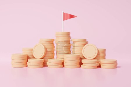 Photo for Embroidered flag stack coins, Financial graph economics analytics. growth target achievement cost reduction saving investment education concept. on pink background. 3d render illustration - Royalty Free Image