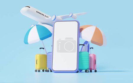 Photo for Cartoon minimal. travel online booking service on smartphone Tourism plane trip planning world tour with suitcase beach umbrella, leisure touring holiday summer concept. 3d render illustration - Royalty Free Image