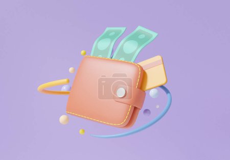 Photo for Cashback in money wallet concept. floating with banknote ,credit card finance shopping online payments exchange on isolated purple background, transfer, 3d render illustration - Royalty Free Image