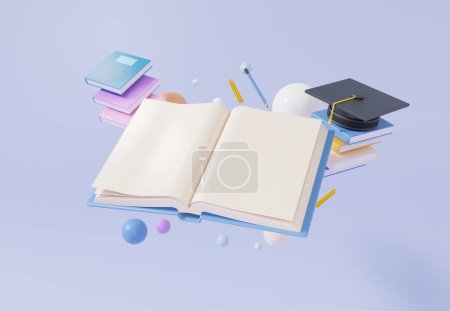 Photo for Open book floating on pastel background. Minimal cartoon graduation cap and with reading writing training learning online education concept. banner, 3d rendering illustration - Royalty Free Image