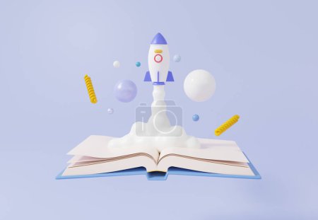 Photo for 3d render Business investment start-up concept. Spaceship rocket spewing smoke Open book floating. learning education future innovation on sky blue background. cartoon minimal illustration - Royalty Free Image
