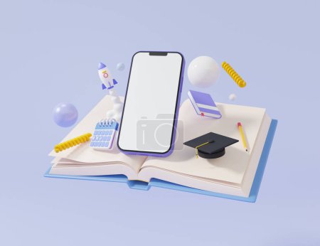 Photo for Minimal cartoon graduation cap and open book with smartphone touch white screen writing learning online education concept. on pastel background, spaceship rocket, calendar. 3d rendering - Royalty Free Image