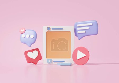 Photo for Digital marketing platform Social media concept with show photo video player frame and chat, like, comment on pink background, banner, cartoon minimal. 3d render illustration - Royalty Free Image