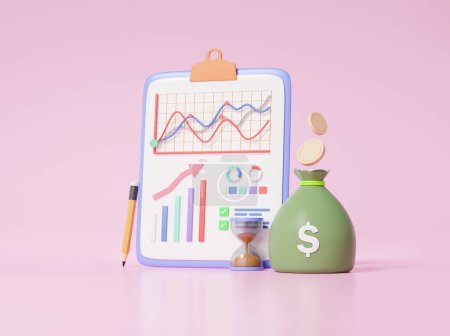 Photo for 3D render Growth chart clipboard paper graph, business financial economics analytics. hourglass time for cost reduction saving education concept. check list, coins, bag money on pink background - Royalty Free Image