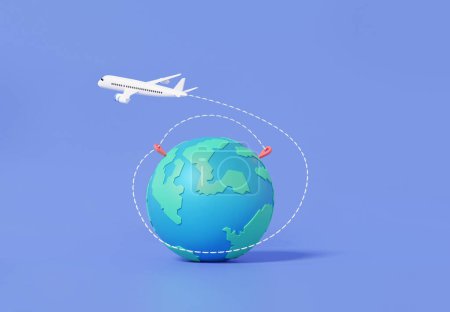 Karikatur minimal. Tourismus-Flugzeug Reiseplanung weltweite Tour mit Steckkarte Pin Earth Standort. Reisefreizeiturlaubssommerkonzept. 3d rendering illustratio