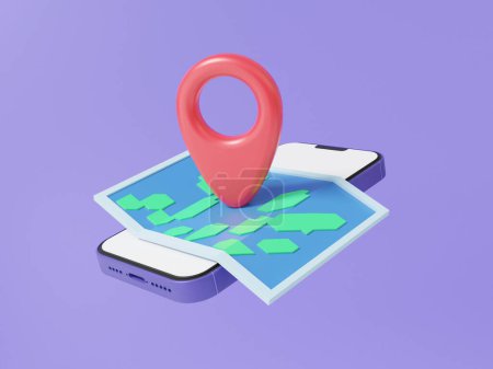 Foto de Mapeo del concepto de gps puntero rojo en el teléfono inteligente flotando con fondo púrpura pastel. ubicación de la dirección del mapa móvil en línea, dibujos animados mínimos. ilustración de renderizado 3d - Imagen libre de derechos