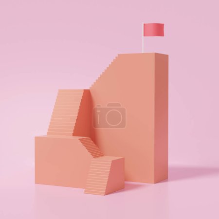 3D orange Treppe Strategie Schritt für Schritt Wachstum des Finanzgeschäfts, rote Flagge Ziel erfolgreiches Konzept. Minimaler Cartoon auf rosa Hintergrund. 3D-Darstellung