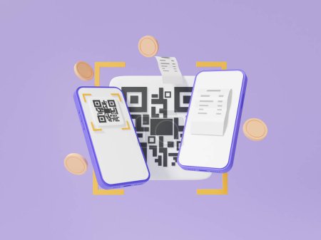3D render QR code scanning via two mobile phone with bill coin floating on purple background. pay money or online payment, shopping special concept. digital transaction financial. illustration