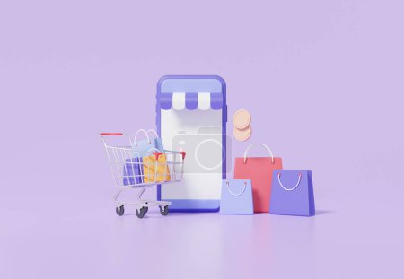 Photo for Shopping online concept. with smartphone app, trolley shopping bag buying shop store on pastel purple background, discount, promotion, sale, banner, customer. 3d render illustration - Royalty Free Image