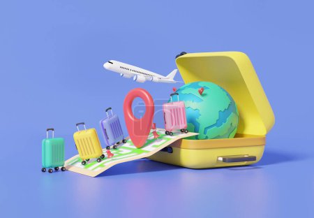 Photo for Pin location suitcase and map minimal cartoon flight airplane travel tourism plane trip planning world tour luggage with leisure touring holiday summer concept. navigation. 3d render illustration - Royalty Free Image