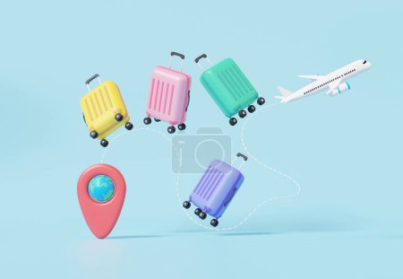 Minimal cartoon suitcase tourism floating airplane red pin mark map navigation route location. travel leisure touring holiday summer concept. on sky blue background. 3d render illustration