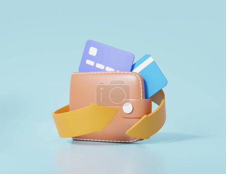 Téléchargez les photos : Cashback minime dans le concept d'icône de portefeuille. flèche promotion moyney remboursement débit, carte de crédit achats financiers paiement en ligne échange sur fond bleu ciel pastel isolé. Illustration de rendu 3D - en image libre de droit