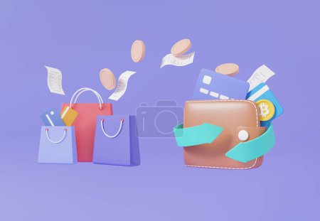 Photo for Cash back in wallet concept shopping online refund with coins, debit credit card, finance saving payment exchange on purple background, buying product bags, money transfer. 3d rendering illustration - Royalty Free Image