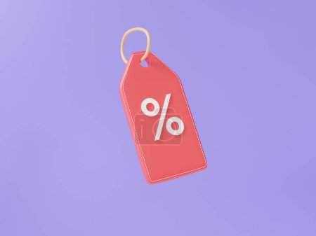 Red tag price icon with percentage floating on purple background offer hot discount coupon, Special promotion sale, online shopping concept. 3d rendering illustration