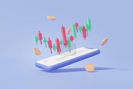 Photo for Cryptocurrency trading on smatphone and growth stock currency money transfer exchange data financial business, invesment trader concept. blue pastel background. 3d render illustration - Royalty Free Image