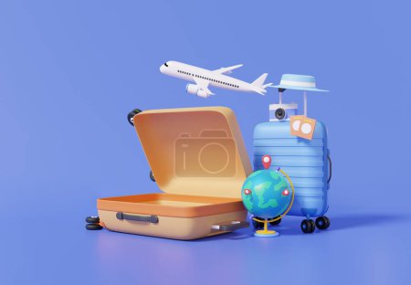 Open suitcase flight airplane travel tourism plane trip planning world tour luggage with Terrestrial globe location, leisure touring holiday summer concept. Cartoon minimal 3d render illustratio