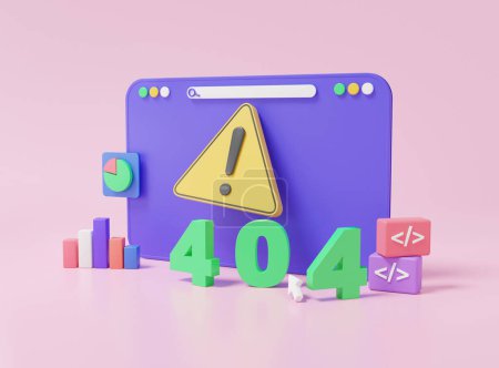 3D-Webbrowser, 404 Fehlerseite nicht gefunden, Konzept der Systemwartung aktualisiert. Warndreieck, Programmierung Software-Entwicklung, minimale Karikatur, isometrisch. 3D-Darstellung