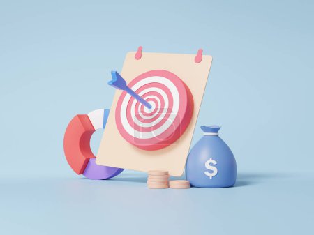 Photo for Bag stack coins, business financial graph economics analytics. chart growth target planning cost reduction saving investment education concept. on sky blue pastel background. 3d render illustration - Royalty Free Image