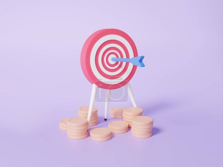 Photo for Stack coins and the bow, archer target planning isometric, vision, business financial growth on purple background. investment education concept. achievement strategy. 3d render illustration - Royalty Free Image