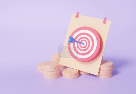 Photo for Paper with the bow stack coins, archer target planning isometric, vision, business financial growth investment education concept. achievement strategy on purple background. 3d render illustration - Royalty Free Image