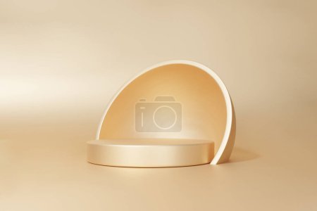 Photo for Gold podium color 3D background with geometric shapes circle, pedestal on one floors curved wall display platform for product presentation stand, copy space, showcase minimal. 3d render - Royalty Free Image