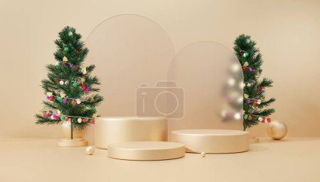 Photo for 3D rendering gold podium background with geometric shapes, pedestal empty on three floors, tree christmas, gradient from small to large, New year platform composition, stage product presentation - Royalty Free Image