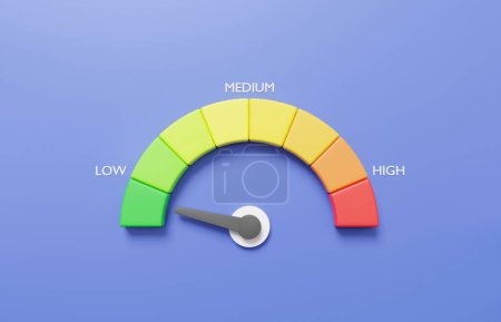 Minimale flèche de dessin animé échelle de point vitesse état bas vert icône indicateur de vitesse Performance, pointeur évaluer les niveaux de risque, mètre, tachymètre sur fond violet. Illustration de rendu 3D