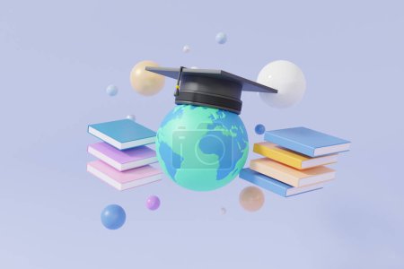 Photo for Graduation cap on globe floating on pastel background. Book learning online education concept. Banner website application page template, worldwide knowledge learning, minimal cartoon. 3d rendering - Royalty Free Image