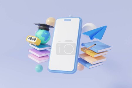 Photo for 3D smartphone with touch white screen with graduation cap on globe book learning online education concept. pastel background. banner website application page template, Minimal cartoon. 3d rendering - Royalty Free Image