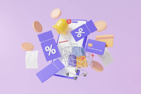 Photo for Promotion shopping via online mobile phone, discount coupons concept. floating on purple background money transfer. financial transactions. minimal cartoon, refund, cashback. 3d rendering illustration - Royalty Free Image