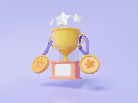 Trophy cup icon with star on purple background. Cartoon minimal cute smooth. Champion 1st winner concept. Best award game assurance guarantee quality. 3d rendering illustration-stock-photo