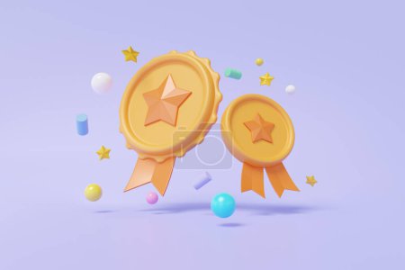 Photo for Two golden coin with star floating on purple pastel background. Warranty icon, best award game assurance premium quality guarantee concept. Cartoon minimal cute smooth. 3d rendering illustration. - Royalty Free Image