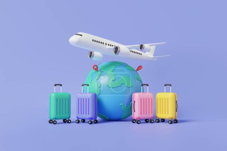 Téléchargez les photos : Vert violet rose jaune valise mis isolé sur fond violet avion voyage tourisme avion voyage planification tour, loisirs tourisme vacances été concept. Caricature minimale. Illustration de rendu 3D - en image libre de droit