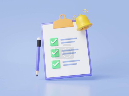 Checklist icon with bell notification clipboard paper assurance guarantee quality customer information financial business exam document correct mark floating on pastel background. 3d render