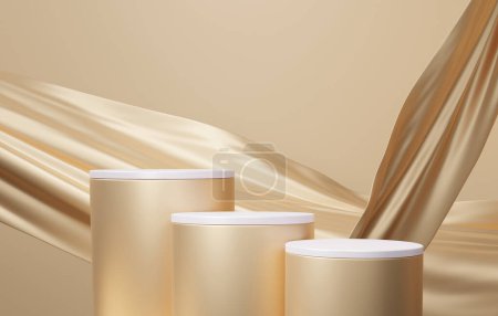 Photo for 3d rendering minimal scene background with fabric flutter geometric, podium three floors platform product presentation, gold pedestal luxury composition, cosmetic, stand elements branding - Royalty Free Image