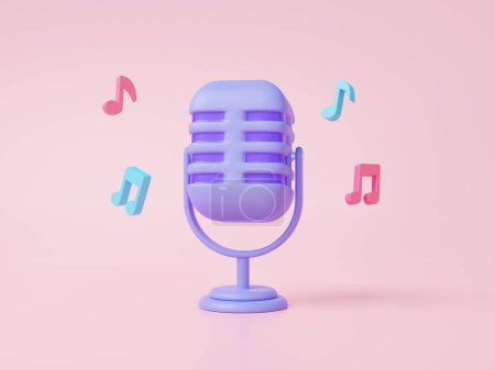 Lila Retro-Mikrofon schwebt auf rosa Hintergrund, Musik-Studio-Karaoke-Konzept. Podcast-Unterhaltung elektronisch, minimaler Cartoon niedlich glatt. 3D-Darstellung