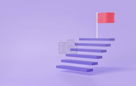 3D-Treppe Strategie Schritt für Schritt Wachstum des Geschäfts, Red flag Ziel erfolgreiches Konzept. Minimal Cartoon auf pastellfarbenem Hintergrund. 3D-Darstellung