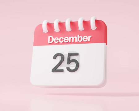 Téléchargez les photos : Icône du calendrier symbole vingt-cinq Décembre marqué rendez-vous événement grand jour calendrier. Design minimaliste de style dessin animé. Jour mois année concept. flottant sur fond rose. Illustration de rendu 3D - en image libre de droit