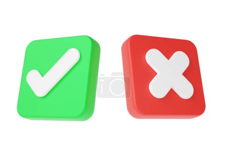 3D-Symbol Grüne Markierung korrigieren und rote Markierung falsch, Ja oder Nein, genehmigt, abgelehnt, richtig, falsch, auf isoliertem weißem Hintergrund, Minimaler Cartoon-Stil, niedlich glatt. 3D-Darstellung