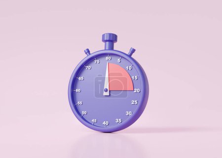 Klassisches 3D-Stoppuhr-Symbol auf isoliertem rosa Pastellhintergrund. Chronometer-Timer, der Start- und Zielminuten anzeigt. Minimal Cartoon niedlich glatt kreatives Konzept. 3D-Darstellung