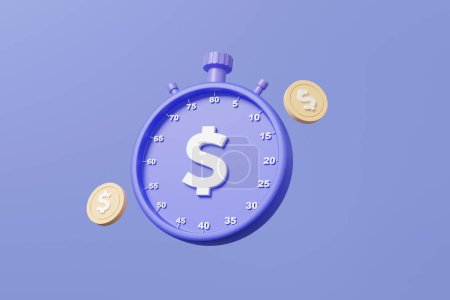 Zeit ist Geld 3D-Ikone Stoppuhr schwebt auf pastellfarbenem Hintergrund. Chronometer-Timer, der Start- und Zielminuten anzeigt. Minimal Cartoon niedlich glatt kreatives Konzept. 3D-Darstellung