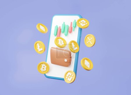 Cryptocurrency trading or bitcoin buy sell on mobile phone growth Stock trader exchange data information investment. Electronic wallet concept. floating on purple background. 3d render illustration