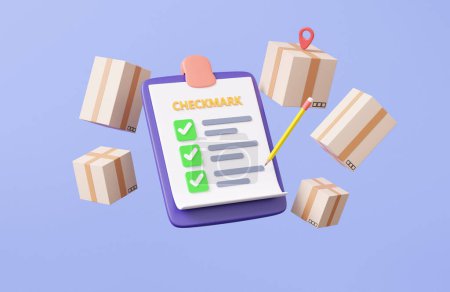 Checklist on clipboard paper. information business document correct checkmark parcels box with tracking logistics transportation service concept. floating on purple background. 3d render illustration