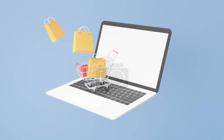 Photo for 3D shop online buying concept on computer laptop icon Shopping cart with shopping bag floating on sky blue background. discount promotion sale, banner, buy, sell, package. 3d render illustration - Royalty Free Image