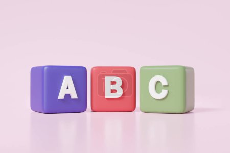 Bunte 3D-Symbole korrelieren A, B, C-Blöcke auf rosa Hintergrund. Wissensspiel Quadrat Lernentwicklung starten Bildung Evolution Baby Kind. Minimaler Cartoon-Stil. 3D-Darstellung